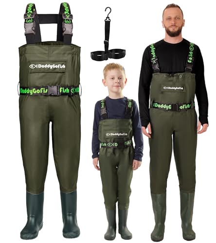 DaddyGoFish Wathose für Kinder – wasserdichte Angel- und Jagdausrüstung, Bass Duck Tributary – isolierte Stiefel für Junior-Angler, Jugendliche, Kleinkinder, Jungen, Mädchen, Kinder, Grün – Alter 3–4 von DaddyGoFish