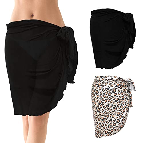 2 Stück Damen Strand Wrap Sarong, Chiffon Badeanzug Strandrock Kurz, Sexy Pareo Strandkleid Bikini Strand Cover Up, Sarong Pareo Wickelrock für Frauen Mädchen Sommerstrand Urlaub (Schwarz+Leopard) von Daelesr