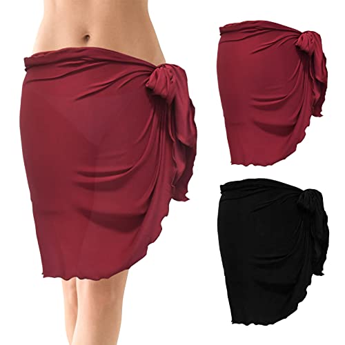 2 Stück Damen Strand Wrap Sarong, Chiffon Badeanzug Strandrock Kurz, Sexy Pareo Strandkleid Bikini Strand Cover Up, Sarong Pareo Wickelrock für Frauen Mädchen Sommerstrand Urlaub (Schwarz+Weinrot) von Daelesr