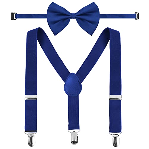 Daelesr Jungen Hosenträger Fliege Set, Y-Form Einstellbar Hosenträger,Bowtie Set mit 3 Stabile Clips für Jungen und Mädchen Kinder von 1-10 Jahre (Königsblau) von Daelesr