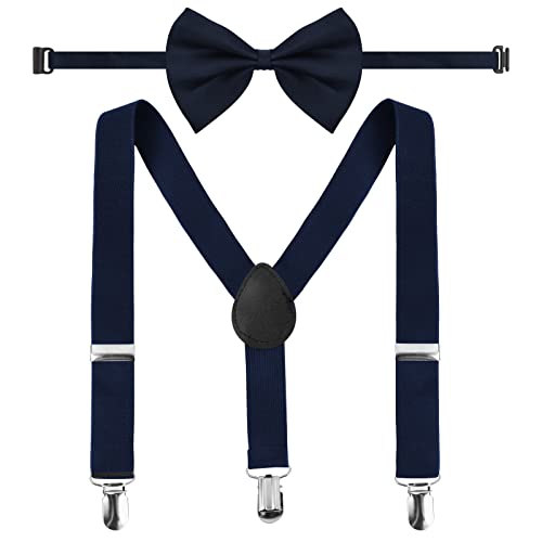 Daelesr Jungen Hosenträger Fliege Set, Y-Form Einstellbar Hosenträger,Bowtie Set mit 3 Stabile Clips für Jungen und Mädchen Kinder von 1-10 Jahre (Marineblau) von Daelesr