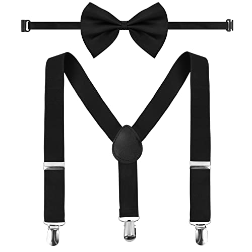 Daelesr Jungen Hosenträger Fliege Set, Y-Form Einstellbar Hosenträger,Bowtie Set mit 3 Stabile Clips für Jungen und Mädchen Kinder von 1-10 Jahre (Schwarz) von Daelesr