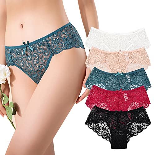 Daelesr 5 STK Spitzen Höschen Damen Unterhosen, Frauen Unterwäsche Hipster aus Spitze, Bikinis Niedrige Taillenslips, 5 Farben Panties Spitzenslips (L) von Daelesr