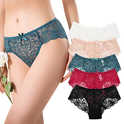 Daelesr 5 STK Spitzen Höschen Damen Unterhosen, Frauen Unterwäsche Hipster aus Spitze, Bikinis Niedrige Taillenslips, 5 Farben Panties Spitzenslips (M) von Daelesr