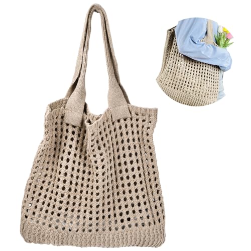 Daelesr Strandtasche Netz Klein Gehäkelt, Beach Bag, Gehäkelte Strand Tasche Damen Umhängetasche, Hohle Strickhandtasche, Crochet Beach Tote Bags für Den Täglichen Gebrauch Urlaub Picknick (Khaki) von Daelesr