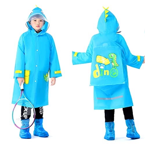 Kinder Regenmäntel Jungen Mädchen 3-12 Jahre, Kinder Wasserdicht Regenponcho mit Kapuze Schulranzen Reflektierende Streifen, Leicht Cartoon Regencape, Regenbekleidung Kleinkind für Outdoor (Blau) von Daelesr