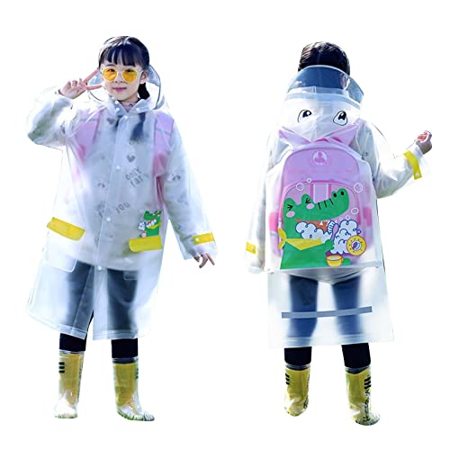 Kinder Regenmäntel Jungen Mädchen 3-12 Jahre, Kinder Wasserdicht Regenponcho mit Kapuze Schulranzen Reflektierende Streifen, Leicht Cartoon Regencape, Regenbekleidung Kleinkind für Outdoor (Weiß) von Daelesr