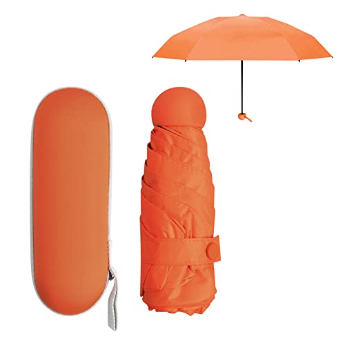 Regenschirm Klein für Damen Herren Kinder, 6 Rippen Starker Regenschirme Kompakter mit Etui, Faltbarer Umbrella UV Schutz UPF50+ Winddicht Leicht, Taschenschirm Mini für Reise (Orange) von Daelesr