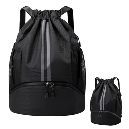 Turnbeutel Beutel Rucksack mit Schuhfach, Große Kapazität Verstellbar Tunnelzug Gymsack, Fußballtasche mit Kordel zug, Sportbeutel Wasserdicht mit Innentasche Außentasche für Herren Damen (Schwarz) von Daelesr