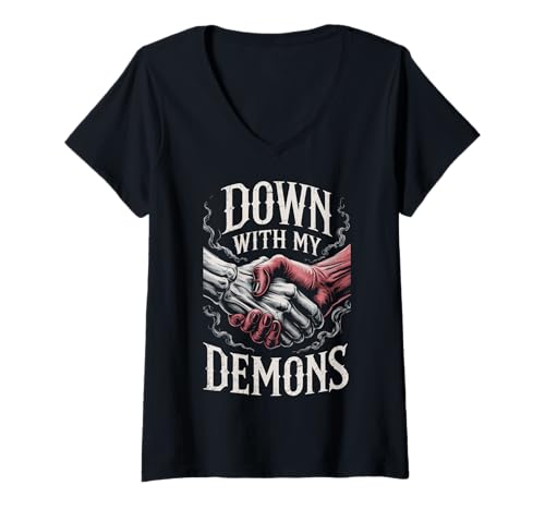 Damen Down with My Demons T-Shirt mit V-Ausschnitt von Dämon Teufel Goth Händedruck