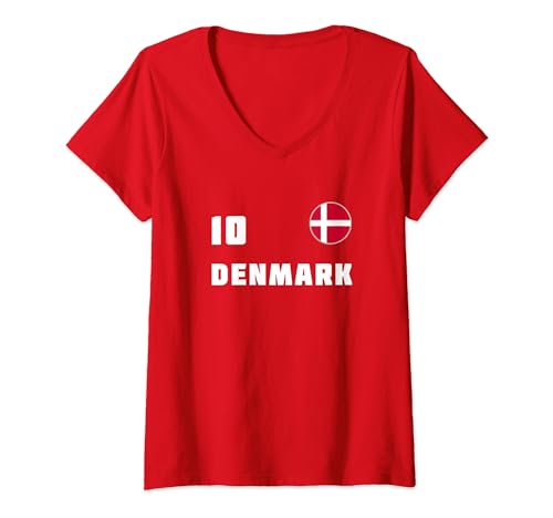 Damen Denmark 2021 Trikot dänische Flagge T-Shirt mit V-Ausschnitt von Dänemark Fahne Fußball Fan Geschenk