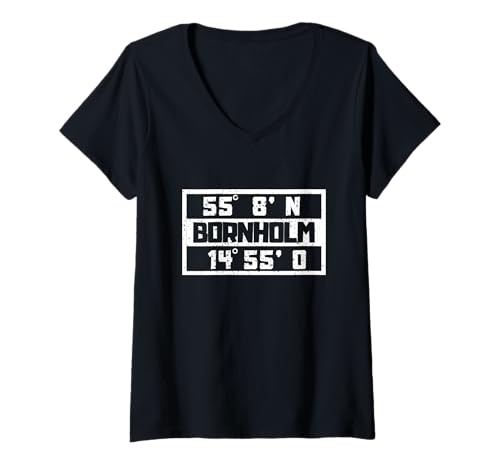 Damen Bornholm Koordinaten Design Dänemark Urlaub Nordsee Bornholm T-Shirt mit V-Ausschnitt von Dänemark Urlaub Bekleidung & Geschenkideen