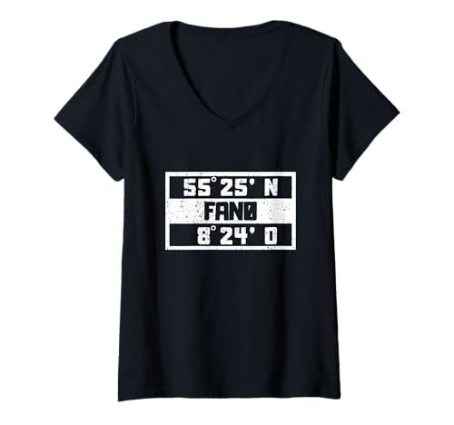 Damen Fanø Koordinaten Design Dänemark Urlaub Nordseeinsel Fanø T-Shirt mit V-Ausschnitt von Dänemark Urlaub Bekleidung & Geschenkideen