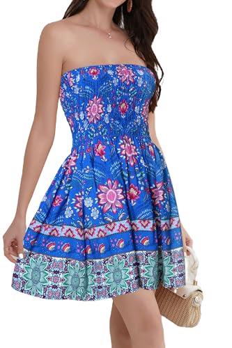 Daenery Damen Sommer Spaghettiträger Ärmellos Rückenfrei Hohe Taille Minikleid, Blau/Pink, Mittel von Daenery
