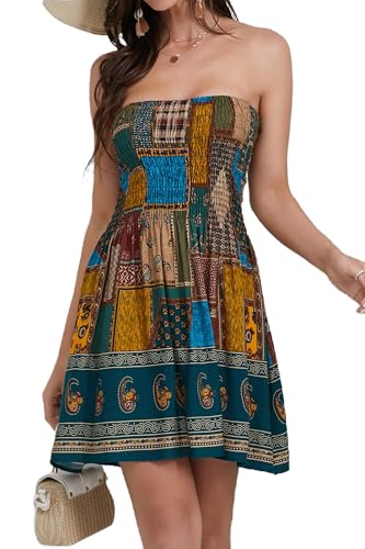 Daenery Damen Sommer Spaghettiträger Ärmellos Rückenfrei Hohe Taille Minikleid, Blau floral, Mittel von Daenery