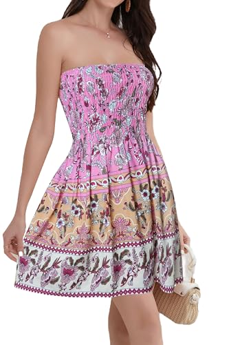 Daenery Damen Sommer Spaghettiträger Ärmellos Rückenfrei Hohe Taille Minikleid, Pink Gelb von Daenery