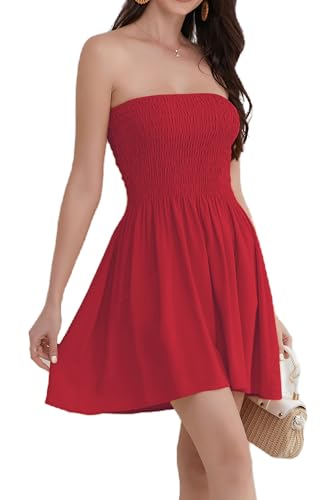 Daenery Damen Sommer Spaghettiträger Ärmellos Rückenfrei Hohe Taille Minikleid, rubinrot, Groß von Daenery