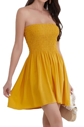 Daenery Damen Sommer Spaghettiträger Ärmellos Rückenfrei Hohe Taille Minikleid, zitronengelb, Mittel von Daenery