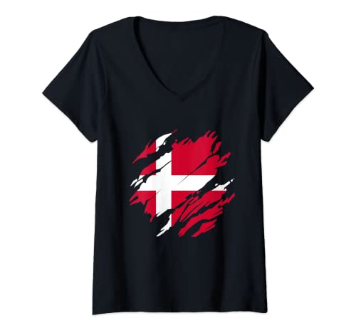Damen Dänische Flagge Dänemark T-Shirt mit V-Ausschnitt von Dänische Geschenkideen