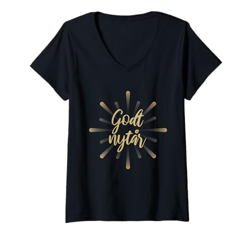 Damen Godt nytar - Frohes neues Jahr Dänemark Silvester T-Shirt mit V-Ausschnitt von Dänischer Neujahrsgruß für Silvesterparty