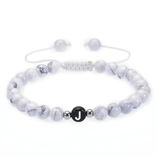 Daesar Armbänder Frauen Männer, Charm Armbänder Paare 6MM Weiß Howlith mit Buchstabe J Perlenarmband Chakra Herren Damen Personalisiert 19-30CM von Daesar