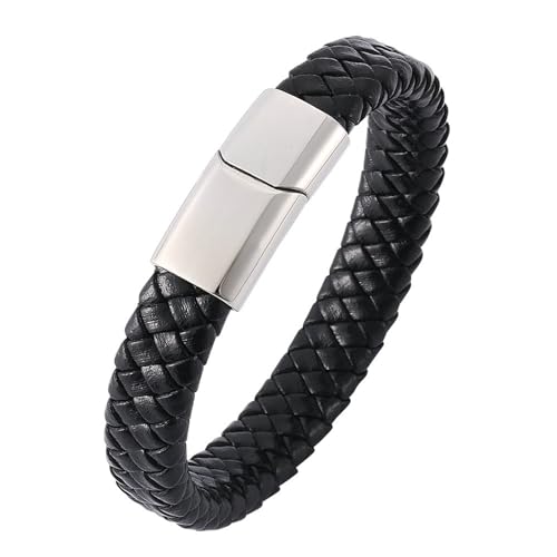 Daesar Armbänder Leder Herren 16.5CM, Lederarmband Geflochten Breit 12MM Schwarz mit Magnetverschluss Freundschaftsarmband Partnerarmband Personalisiert von Daesar