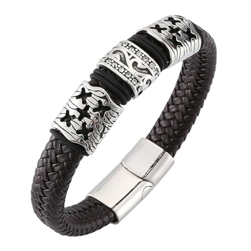 Daesar Armbänder Leder Herren 16.5CM, Lederarmband Kreuz Filigran mit Zirkonia Breit 12MM Braun Magnetverschluss Freundschaftsarmband Partnerarmband Personalisiert von Daesar