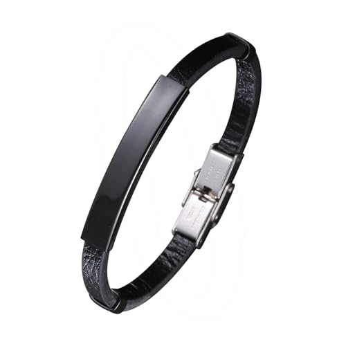 Daesar Armbänder Leder Herren 16.5CM, Lederarmband mit Schild Breit 6MM Schwarz Edelstahl Sicherheitsverschluss Freundschaftsarmband Partnerarmband Personalisiert von Daesar