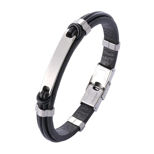 Daesar Armbänder Leder Herren 16.5CM, Lederarmband mit Schild Breit 8MM Schwarz Edelstahl Sicherheitsverschluss Freundschaftsarmband Partnerarmband Personalisiert von Daesar