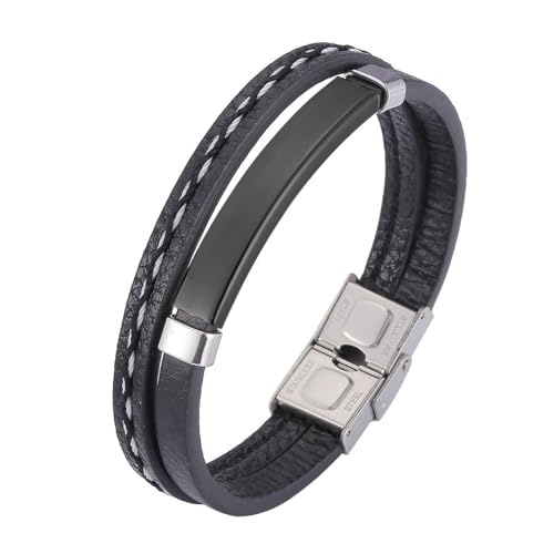 Daesar Armbänder Leder Männer, Lederarmband Herren Rocker 2-Layer mit Schild 12MM Edelstahl Sicherheitsverschluss Partnerarmband Leder 16.5CM Schwarz von Daesar