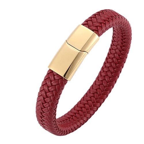 Daesar Armbänder Leder Männer, Lederarmband Herren Rocker Geflochten 12MM mit Magnetverschluss Partnerarmband Leder 18.5CM Rot von Daesar