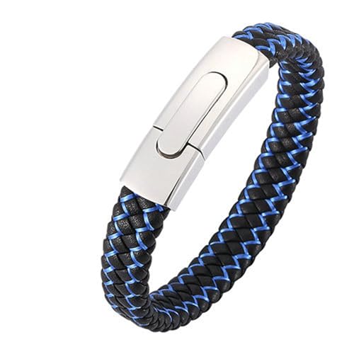 Daesar Armbänder Leder Männer, Lederarmband Herren Rocker Geflochten mit Blau Streifen 12MM Druckknopfverschluss Partnerarmband Leder 16.5CM Schwarz Blau von Daesar