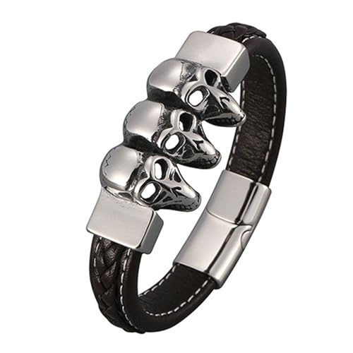 Daesar Armbänder Leder Männer, Lederarmband Herren Rocker Totenköpfe 12MM mit Magnetverschluss Partnerarmband Leder 20.5CM Braun von Daesar