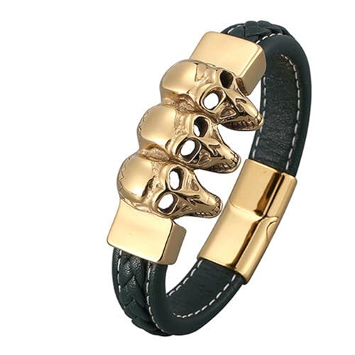 Daesar Armbänder Leder Männer, Lederarmband Herren Rocker Totenköpfe Schädel 12MM mit Magnetverschluss Partnerarmband Leder 18.5CM Grün von Daesar