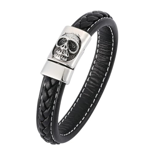 Daesar Armbänder Leder Männer, Lederarmband Herren Rocker Totenkopf 12MM mit Magnetverschluss Partnerarmband Leder 16.5CM Schwarz von Daesar