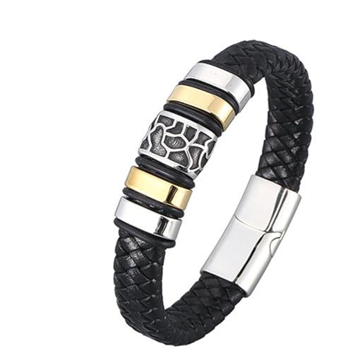 Daesar Armbänder Leder Männer, Lederarmband Herren Rocker mit Geometrie 12MM Edelstahl Magnetverschluss Partnerarmband Leder 18.5CM Schwarz von Daesar