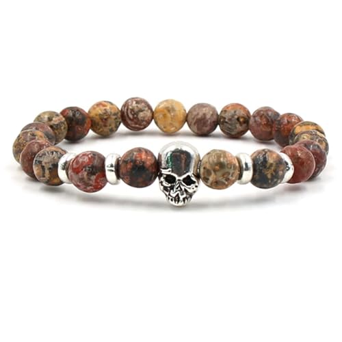 Daesar Armbänder für Herren, Perlenarmband Chakra Personalisiert 8MM Rot Braun Achat mit Totenkopf Charm Armbänder Männer 19CM von Daesar