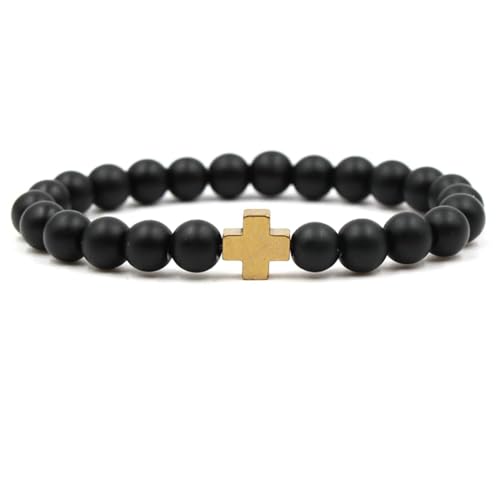 Daesar Armbänder für Herren, Perlenarmband Chakra Personalisiert 8MM Schwarz Achat mit Gold Kreuz Charm Armbänder Männer 19CM von Daesar