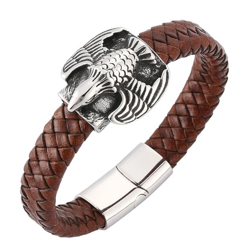 Daesar Armband Leder Herren Braun, Armband Freundschaft Magnet 12MM Geflochten mit Adler Partnerarmband Leder Armbäner Männer 18.5CM von Daesar