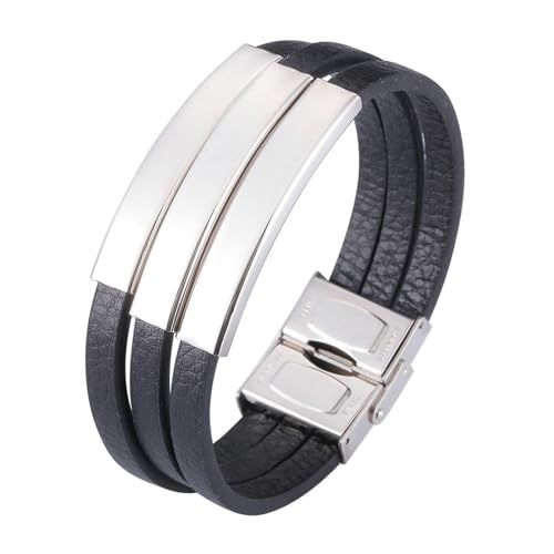 Daesar Armband Leder Herren Personalisiert 18.5CM, Partnerarmbänder Leder 3-Layer mit Schilde Lederarmband Schwarz 18MM Edelstahl Sicherheitsverschluss von Daesar