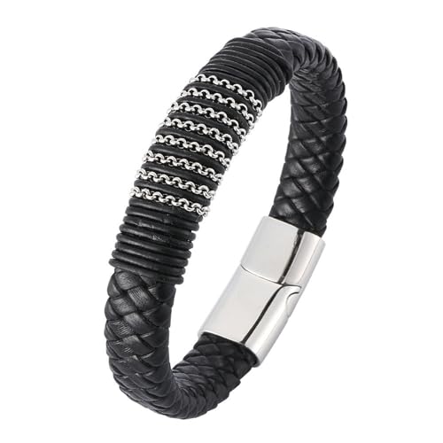 Daesar Armband Leder Herren Personalisiert 20.5CM, Partnerarmbänder Leder Geflochten Geometrie Lederarmband Schwarz 12MM mit Magnetverschluss von Daesar