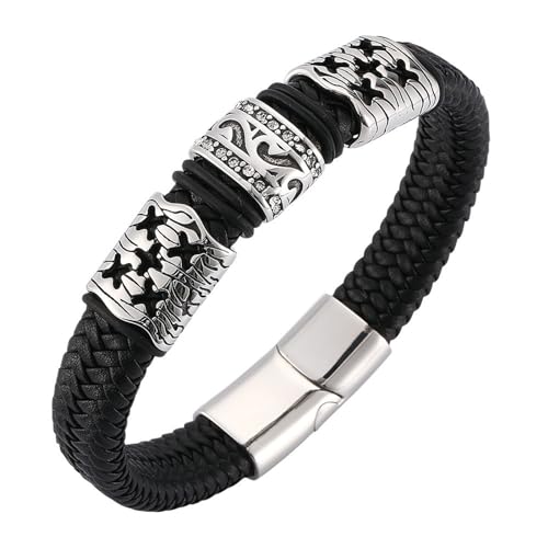 Daesar Armband Leder Herren Personalisiert 20.5CM, Partnerarmbänder Leder Kreuz Filigran mit Zirkonia Lederarmband Schwarz 12MM Magnetverschluss von Daesar