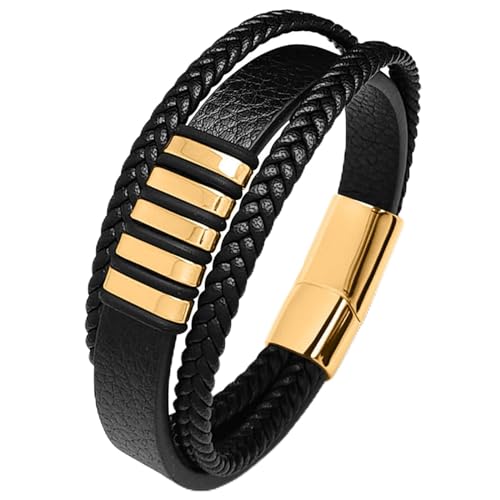 Daesar Armband Leder Herren Schwarz, Armband Freundschaft Magnet 12MM 3-Layer mit Geometrie Partnerarmband Leder Armbäner Männer 20.5CM von Daesar