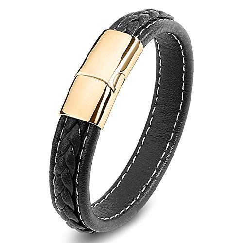 Daesar Armband Leder Herren Schwarz 18.5CM, Lederarmband Geflochten Magnetverschluss Partnerarmband Armband Leder Charms von Daesar