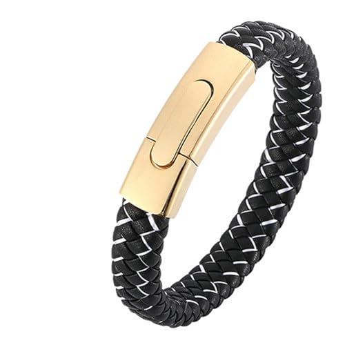 Daesar Armband Leder Herren Schwarz Weiß, Armband Freundschaft Druckknopfverschluss 12MM Geflochten mit Weiß Streifen Partnerarmband Leder Armbäner Männer 20.5CM von Daesar