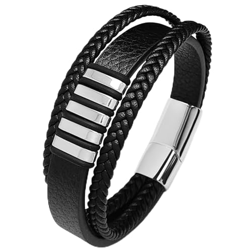 Daesar Armband Leder Schwarz Herren mit Magnetverschluss, Lederärmbander 12MM 3-Layer mit Geometrie Charm Armband Personalisiert Freundschaftarmband Jungs 16.5CM von Daesar