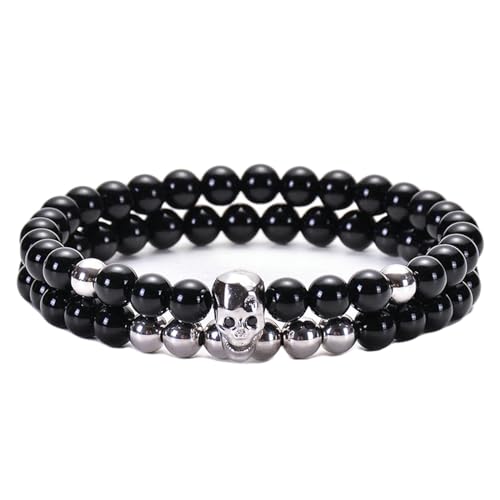 Daesar Armband für Paare 2 Stück, Perlen Armbänder Set 8MM Schwarz Onyx und Hämatit mit Totenkopf Perlenarmband Chakra Herren Damen Set 17-21CM von Daesar