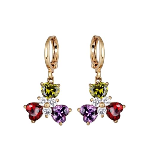 Daesar Creolen Ohrringe Hängend 585 Gold Damen, Ohrhänger Kleeblatt mit Herz Rot Grün Turmalin Amethyst Hochzeit Ohrringe Nickelfrei für Frauen von Daesar