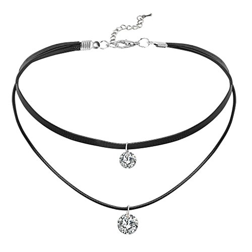 Daesar Halskette Damen Choker, Kette Lederband mit Anhänger Zirkonia Halsband Leder Halskette Verlängerung Silber Schwarz 34.5CM (+6.5cm Verlängern) von Daesar