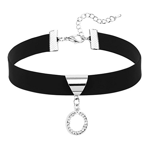 Daesar Damen Halskette Dreieck Runde Zirkonia Leder Silber Schwarz Choker Halskette, 31.5+8CM, Verstellbar von Daesar